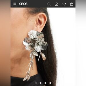 ASOS DESIGN drop earrings with 3D floral design in silver tone
